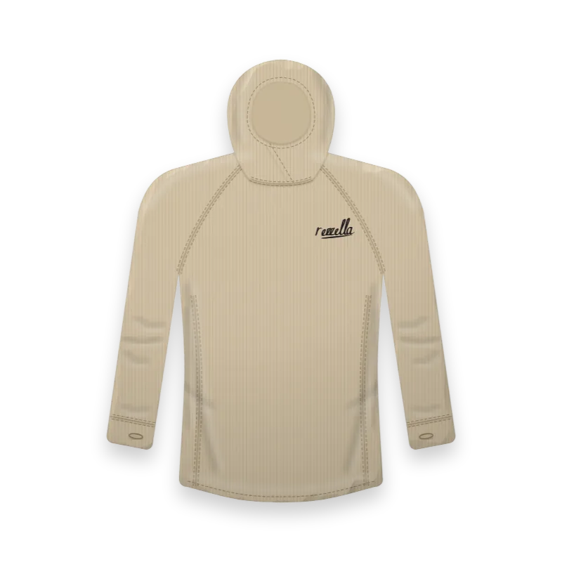 The men’s Trail Sun Hoodie in Sand, with a hood that pulls up over the chin, thumbholes and flat seams