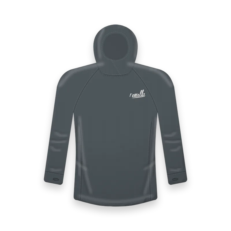 The men’s Trail Sun Hoodie in Slate, with a hood that pulls up over the chin, thumbholes and flat seams