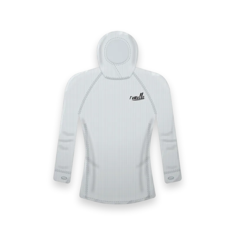 The women’s Trail Sun Hoodie in Glacier, with a hood that pulls up over the chin, thumbholes and flat seams