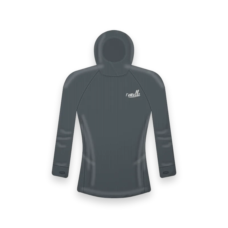 The women’s Trail Sun Hoodie in Slate, with a hood that pulls up over the chin, thumbholes and flat seams