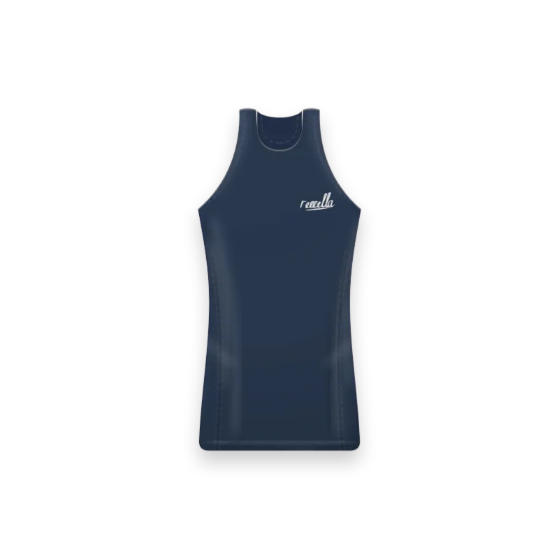 The women’s Train Tank in Navy, a training tank with a racer back and narrow straps