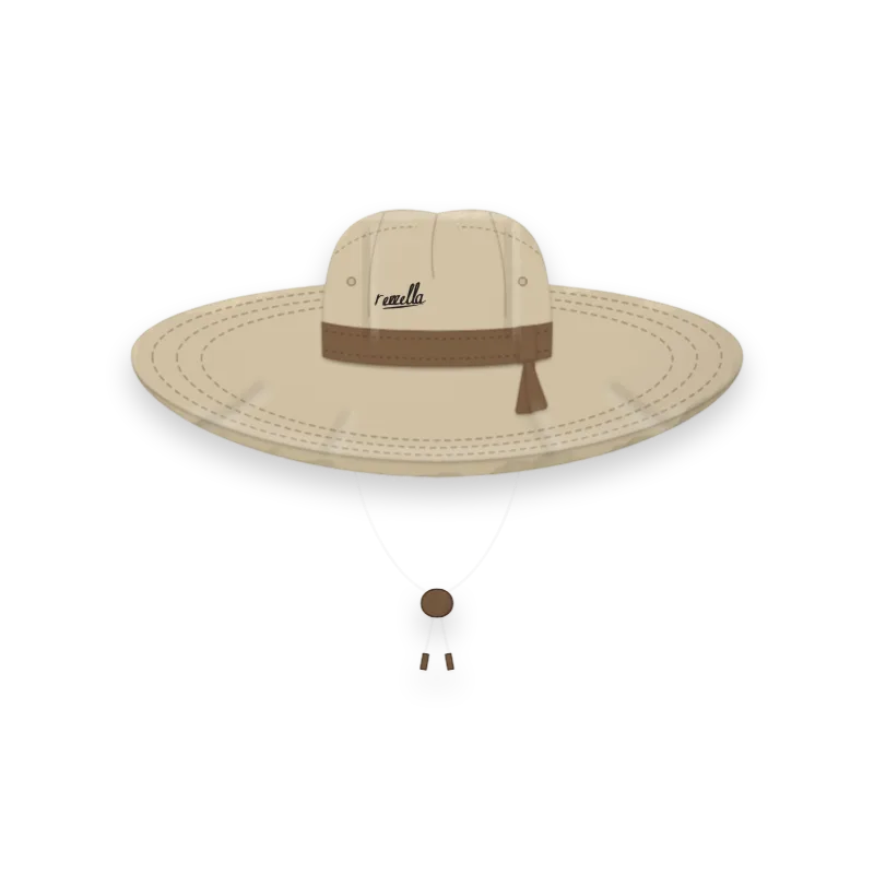 The Wide Brim Hat in Sand, a soft wide brim hat with a tobacco band and a chin cord